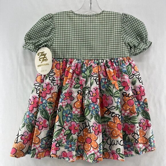 Tiny Tots Original Vintage Dress Girls Size 2T Gingham Floral Puff Sleeves Green - Picture 2 of 8